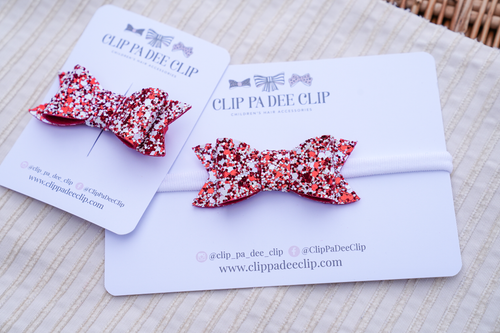 red white glitter bows, Christmas colour bows, bow hair clip, babies first Christmas