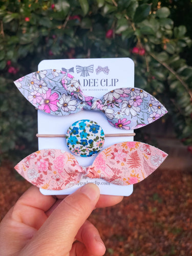 Knot Bow (Large) & Button Hair Ties (Set of 3) - Assorted Florals