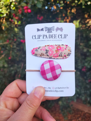 Snap Hair Clip (Large) & Button Hair Tie (Set of 2) - Pink Gingham / Floral