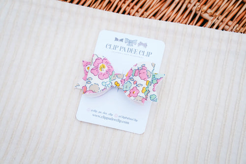 liberty print bow, pink, aqua green, floral fabric felt bow hair clips