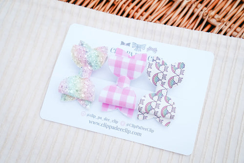 pink, rainbow leather, glitter hair clip bows, pink gingham fabric felt hair bows for girls