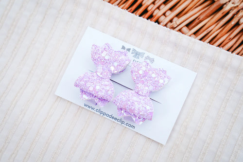 baby pink, lilac glitter bows, matching pair, pigtails, hair styles, toddler hair, non-slip hair clips