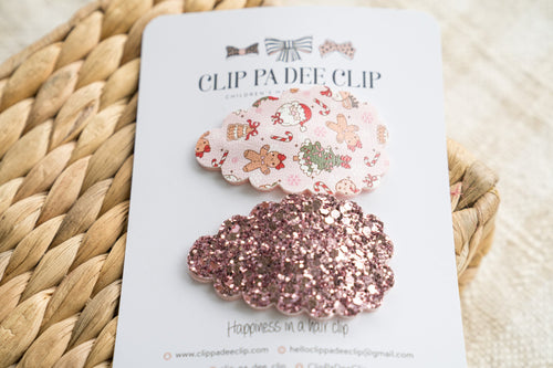 Scallop Snap Hair Clips (Set of 2) - Christmas Festivities (Red & Pink)