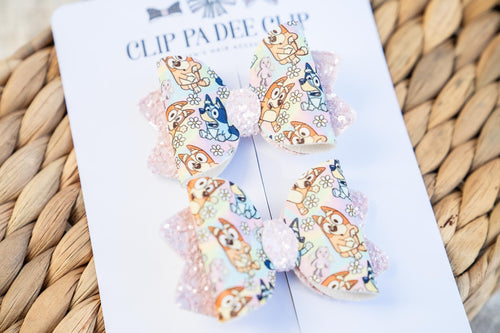 Kiarah Bow (Small - Matching Pair) - Light Pink Blue & Orange Dogs