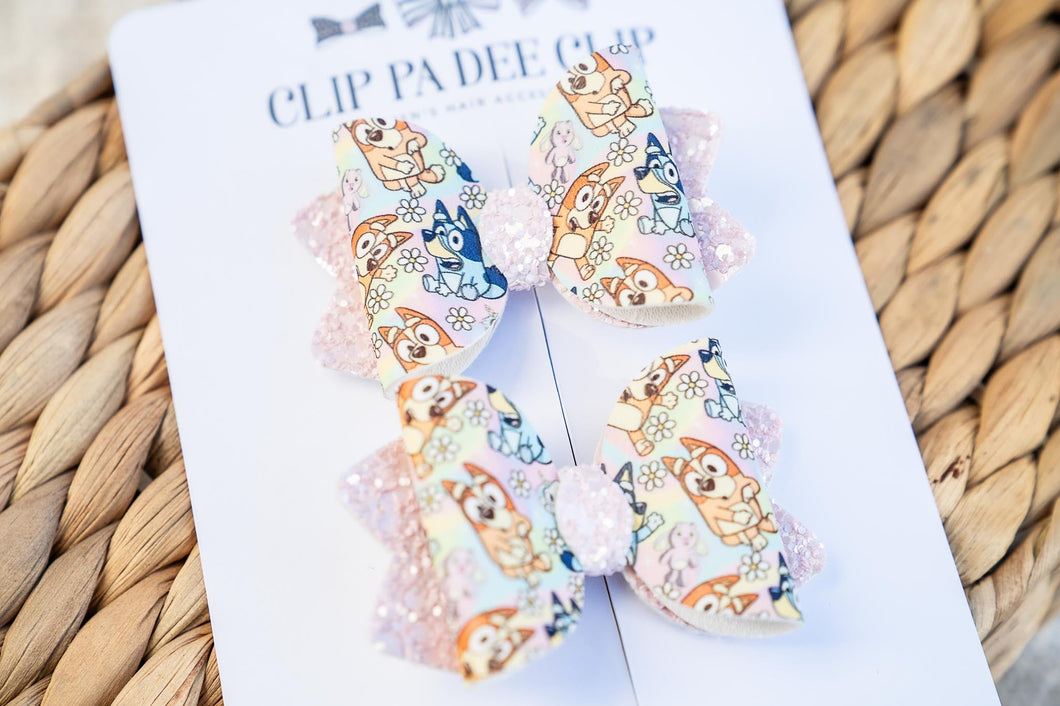 Kiarah Bow (Small - Matching Pair) - Light Pink Blue & Orange Dogs