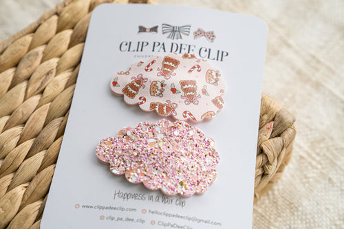 Scallop Snap Hair Clips (Set of 2) - Puddings, Candy Canes & Christmas Trees (Pink)