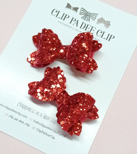 Violet Bow (Small - Matching Pair) - Red Chunky Glitter