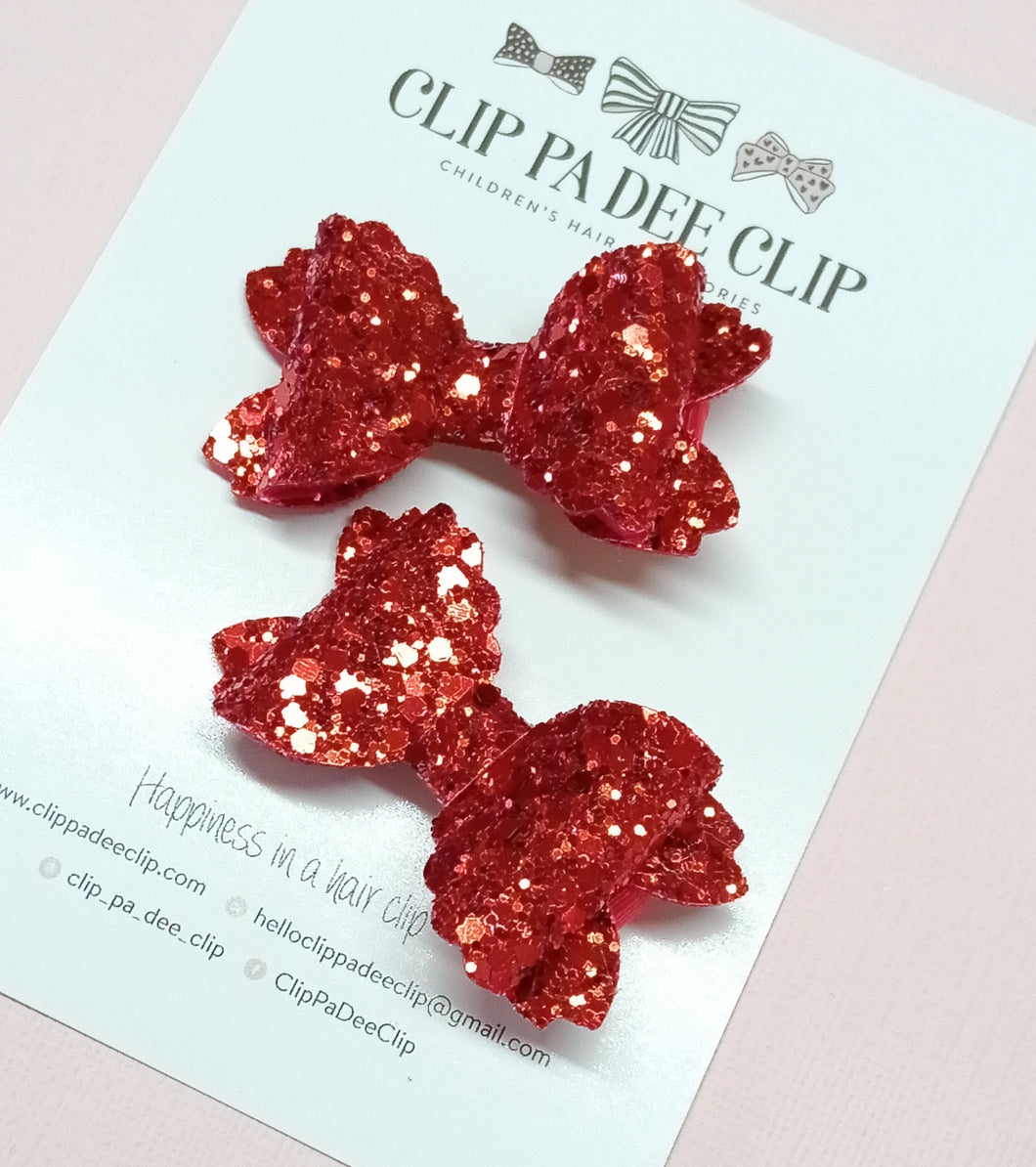 Violet Bow (Small - Matching Pair) - Red Chunky Glitter