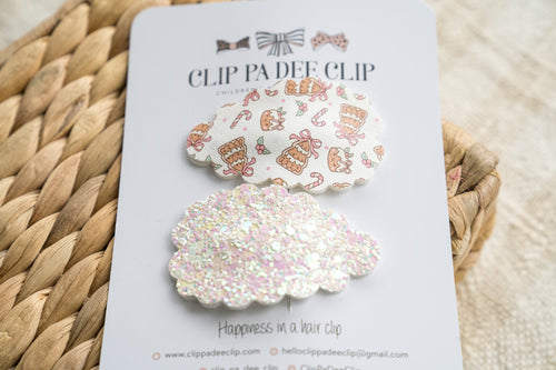 Scallop Snap Hair Clips (Set of 2) - Puddings, Candy Canes & Christmas Trees (White)