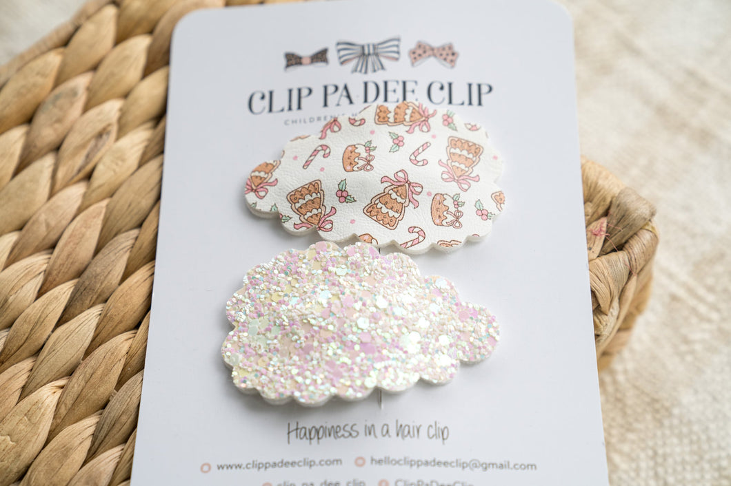 Scallop Snap Hair Clips (Set of 2) - Puddings, Candy Canes & Christmas Trees (White)