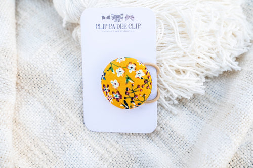 Fabric Button Hair Tie (Large) - Mustard, Blue & Maroon Floral