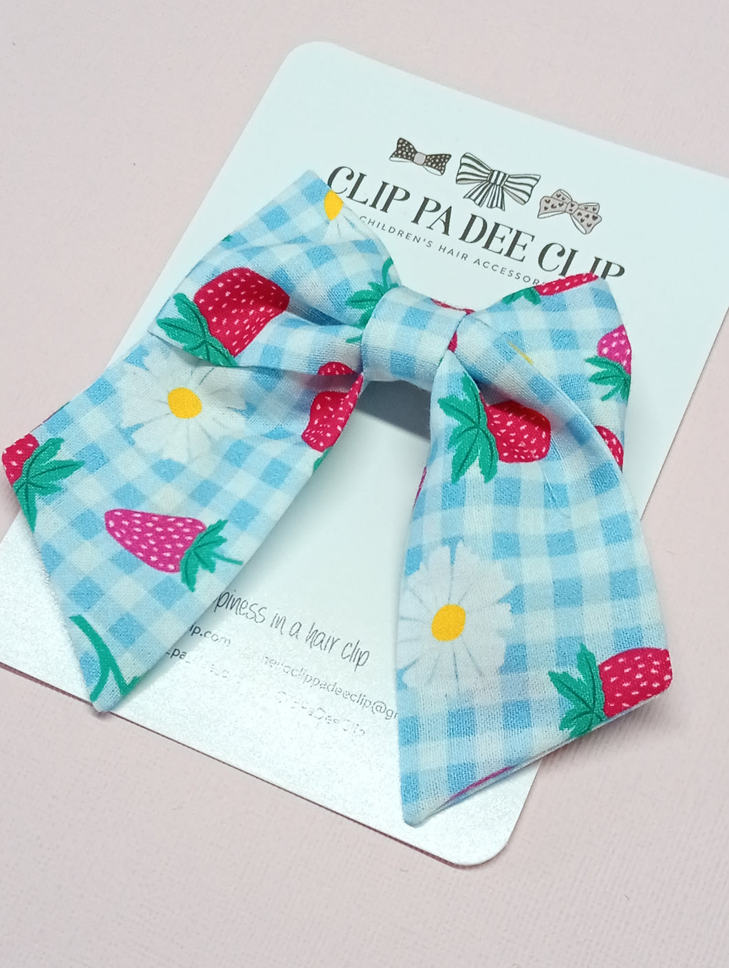 Fabric Bow (Small) - Light Blue Gingham Strawberry