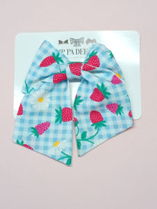 Fabric Bow (Large) - Light Blue Gingham Strawberry