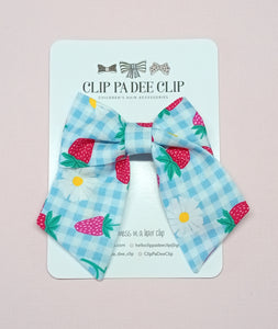 Fabric Bow (Small) - Light Blue Gingham Strawberry