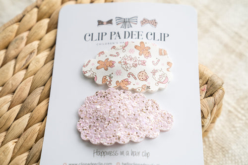 Scallop Snap Hair Clips (Set of 2) - Christmas Festivities (White & Pink)