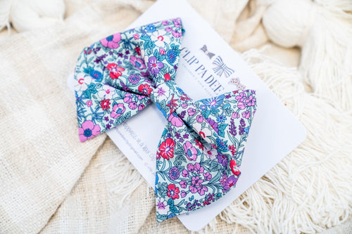 Fabric Bow (Large) - Aqua, Coral & Purple Liberty