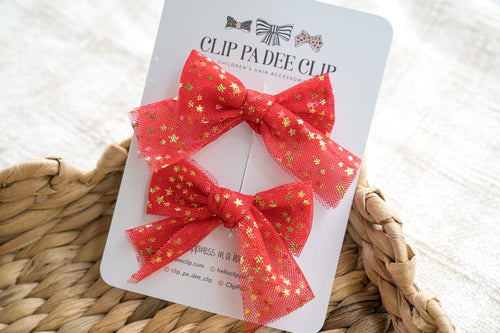 Tulle Bow - Red Sparkles (Matching Pair)
