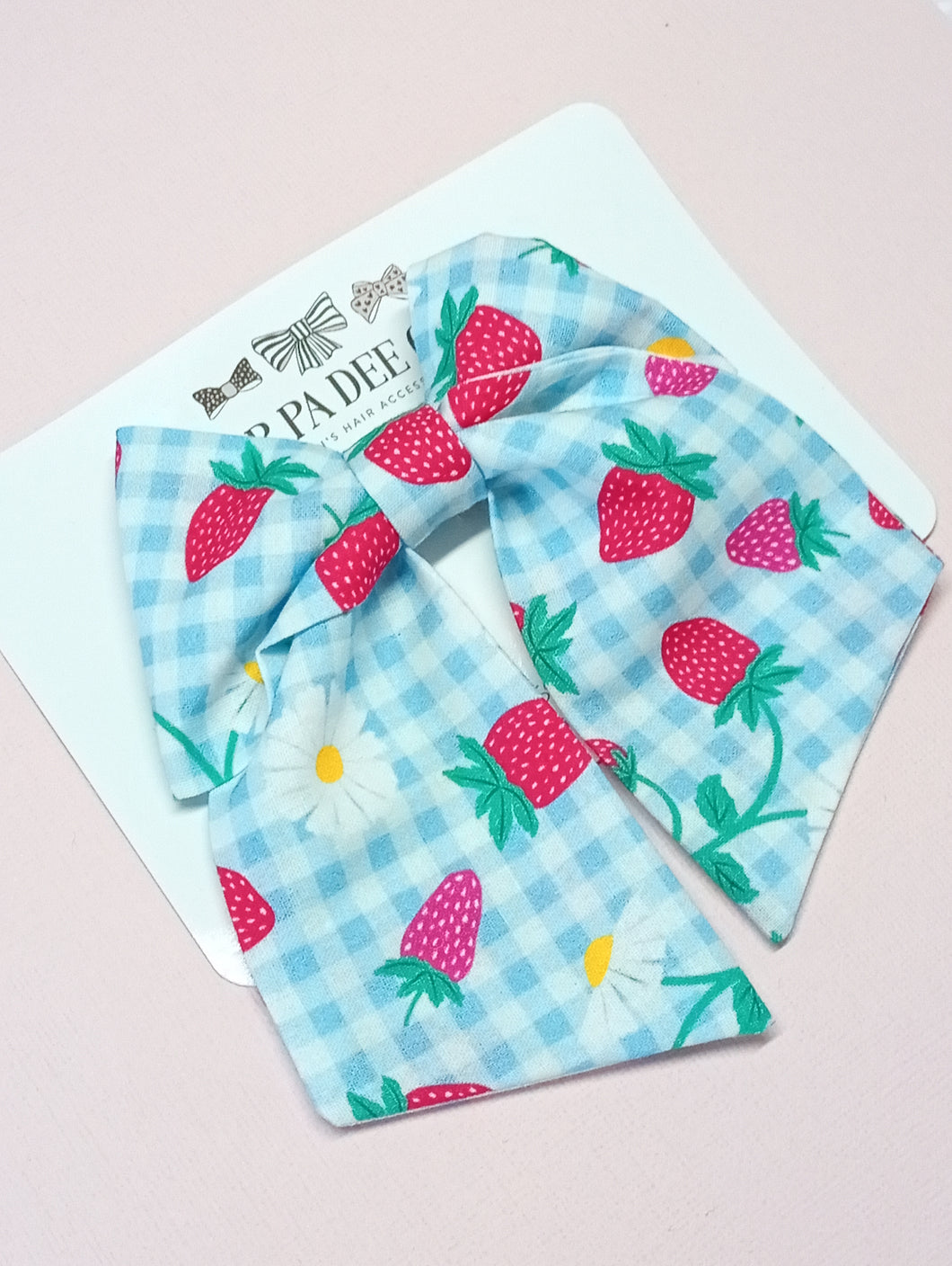 Fabric Bow (Large) - Light Blue Gingham Strawberry