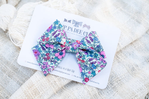 Fabric Bow (Small) - Aqua, Coral & Purple Liberty