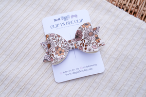 floral autumn hair clip bow, leather bows, bows for girls, bow shop, mustard, mauve, brown