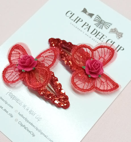 Snap Hair Clip (Matching Pair) - Red Lace Butterflies