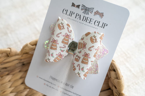 Scallop Kiarah Bow (Large) - Puddings, Candy Canes & Christmas Trees (White)