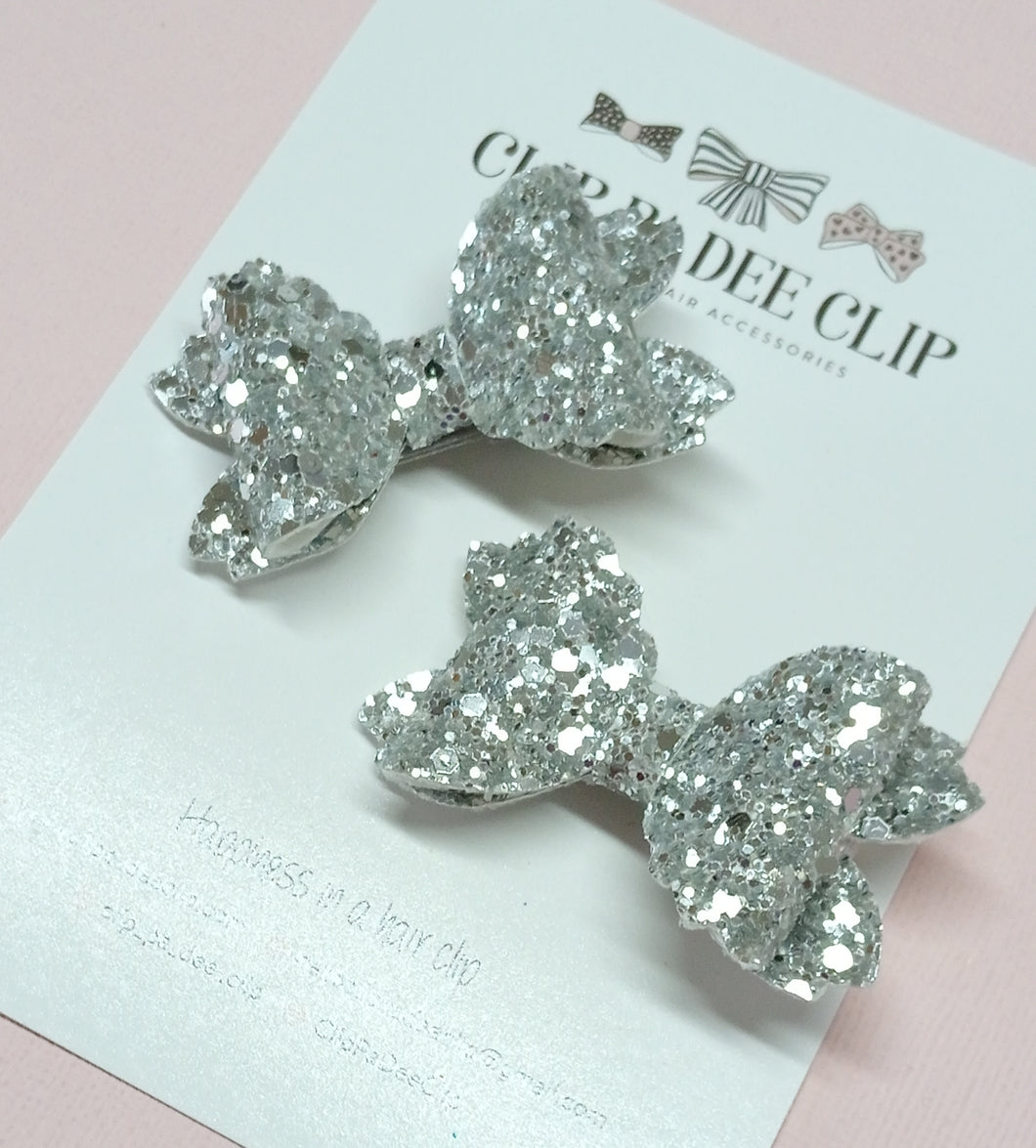 Violet Bow (Small - Matching Pair) - Silver Chunky Glitter