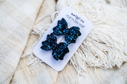 Baby Kiarah Bow (Matching Pair) - Navy Blue Chunky Glitter