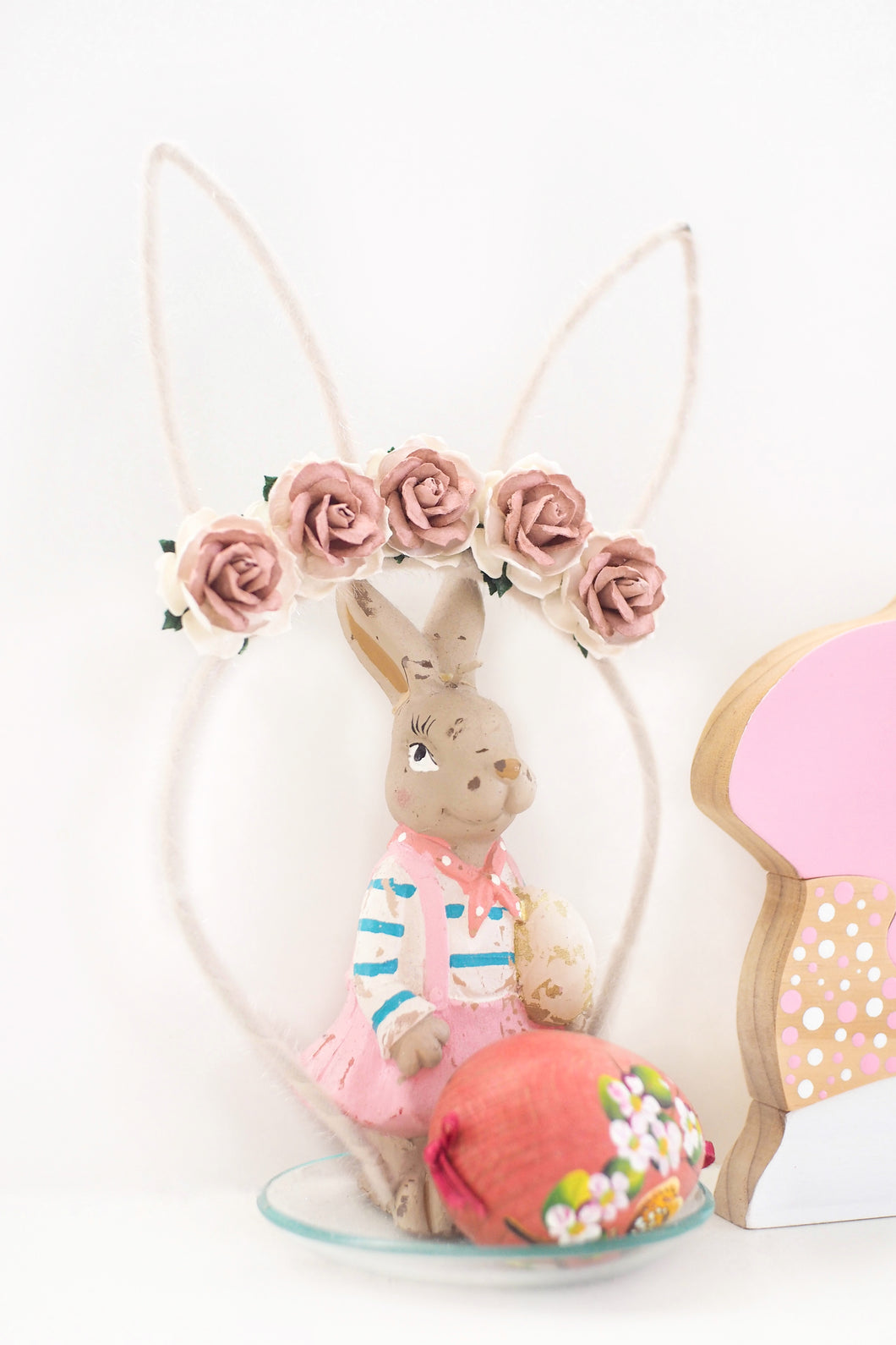 Bunny Ear Hard Headband - Vintage Pink & Ivory Mulberry Flowers