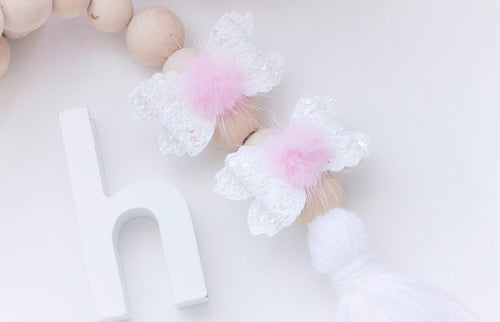 Violet Bow (Small - Matching Pair) - White Glitter & Pink Fluffy Pom Pom